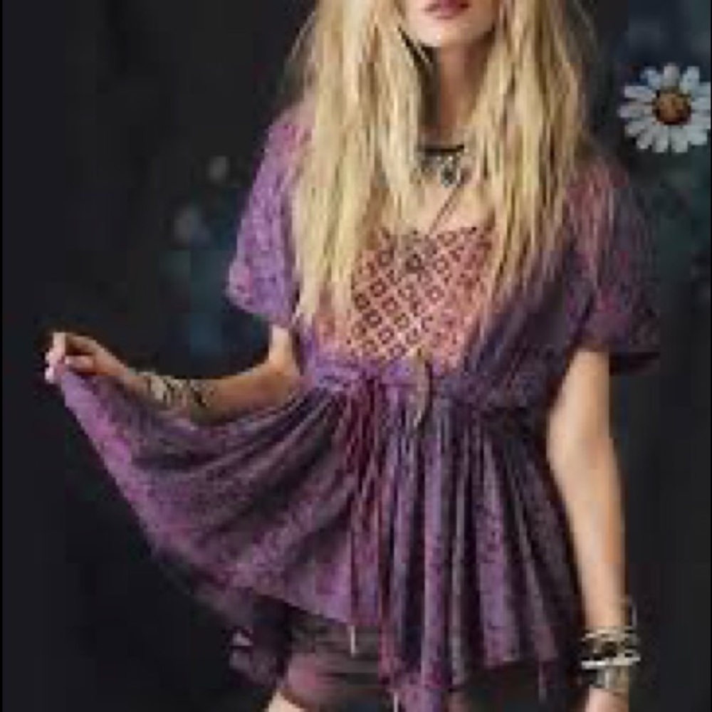 VTG FREE PEOPLE purple gold gauze top tunic secret garden XS